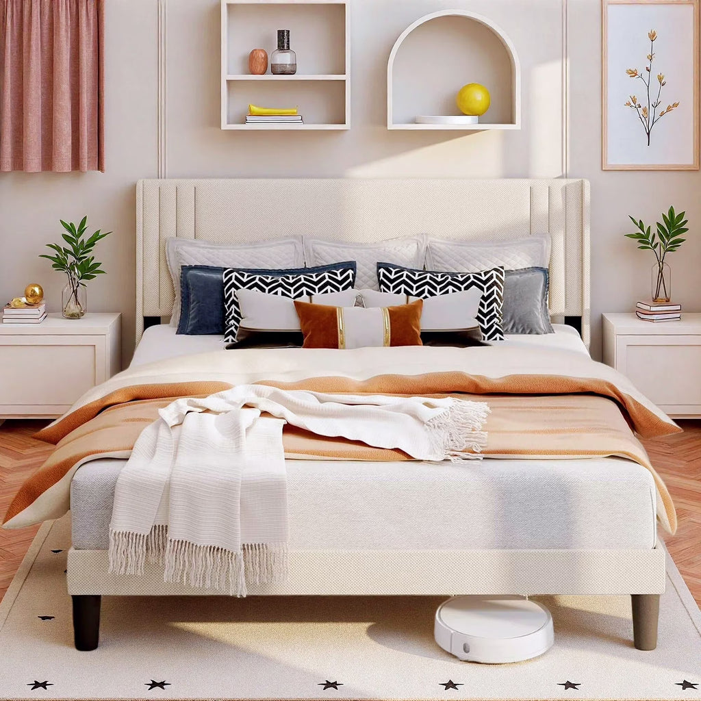 Lofka Queen Bed Frame with Headboard, Upholstered Platform Bed with Headboard, No Box Spring Needed/Easy Assembly, Beige