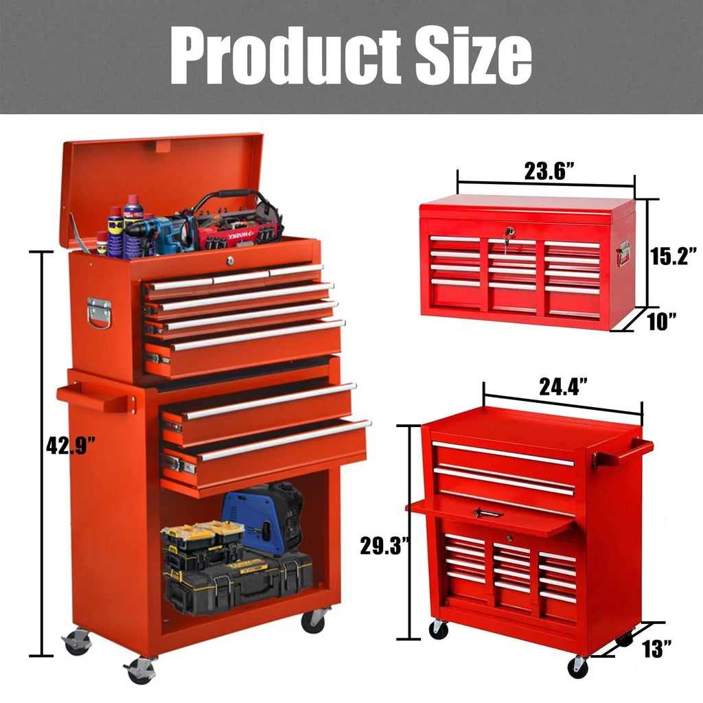 Artbros 8-Drawer Rolling Tool Chest, Large Tool Cabinet with Wheels, Detachable Toolbox Storage for Garage, Repair Shop, Workshop, Black