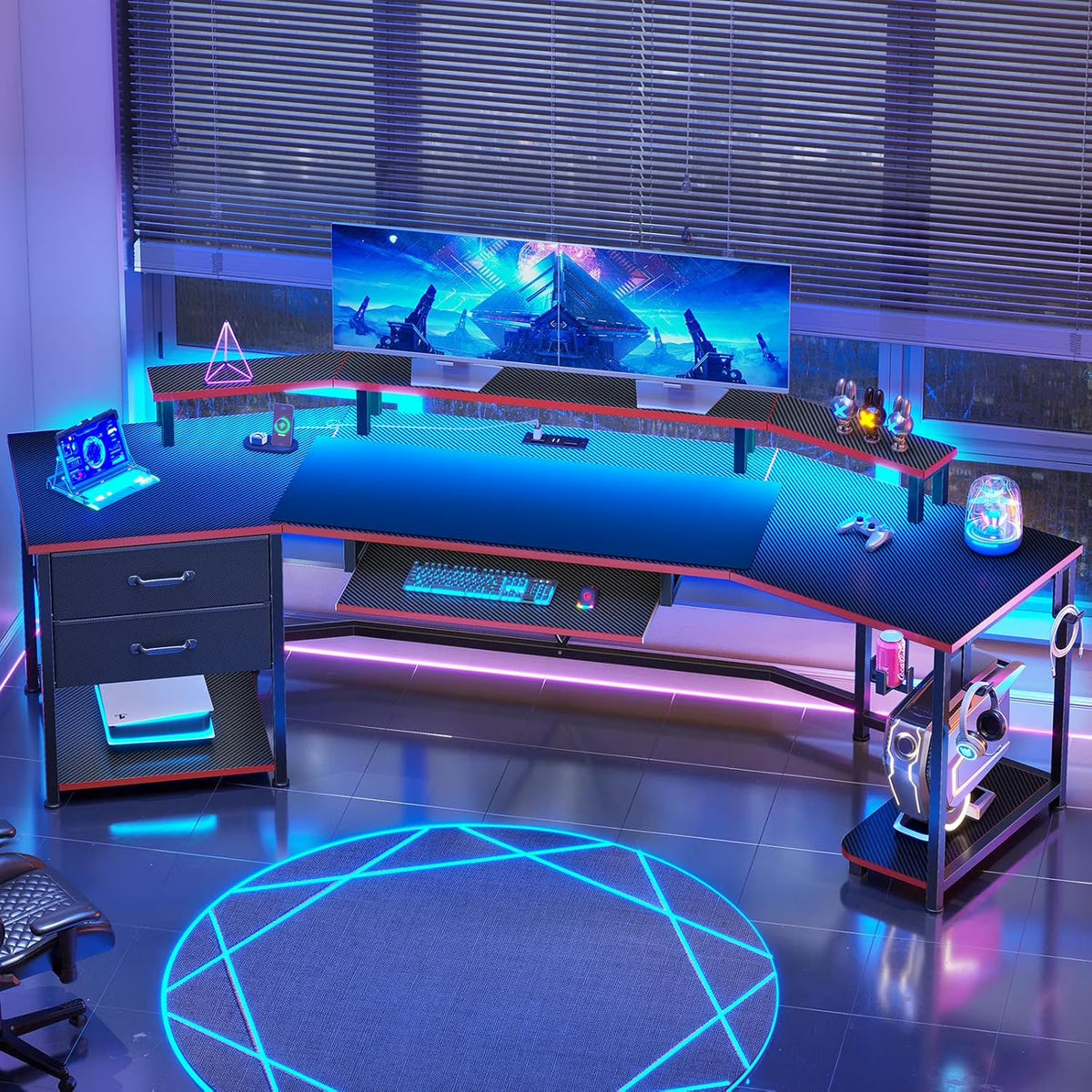79" Gaming Desk with LED Lights and Power Outlets, U Shaped Desk with Monitor Stand and Drawers, Gaming Table with Keyboard Tray, Cup Holder and CPU Stand for Bedroom, Carbon Fiber Black