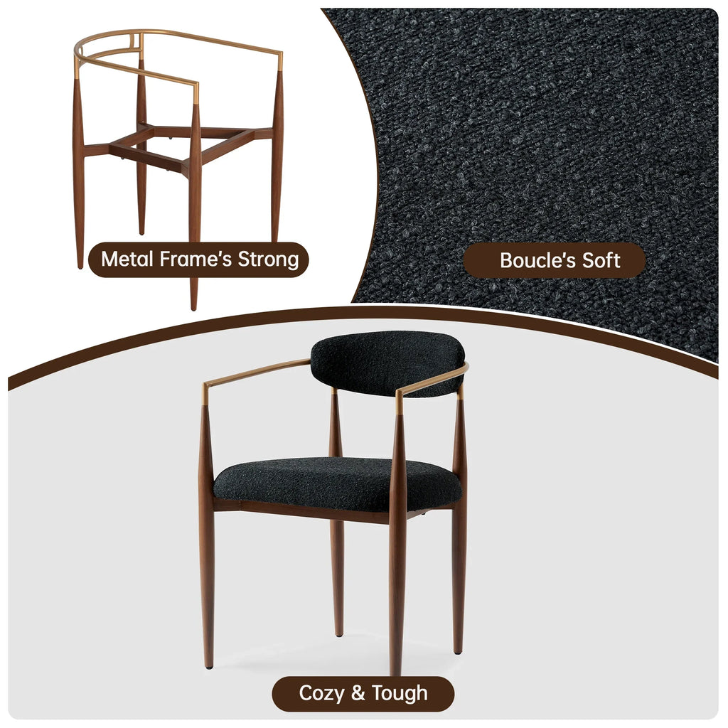 Set of 2 White Boucle Upholstered Dining Chair, Wood Grain Metal Frame Accent Chair for Kitchen Restaurant - Fortmok