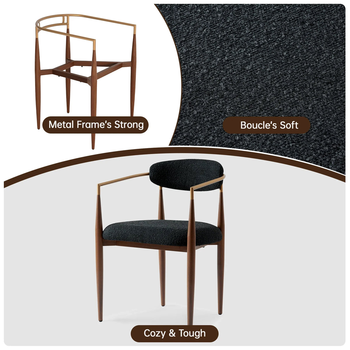 Set of 2 White Boucle Upholstered Dining Chair, Wood Grain Metal Frame Accent Chair for Kitchen Restaurant - Fortmok