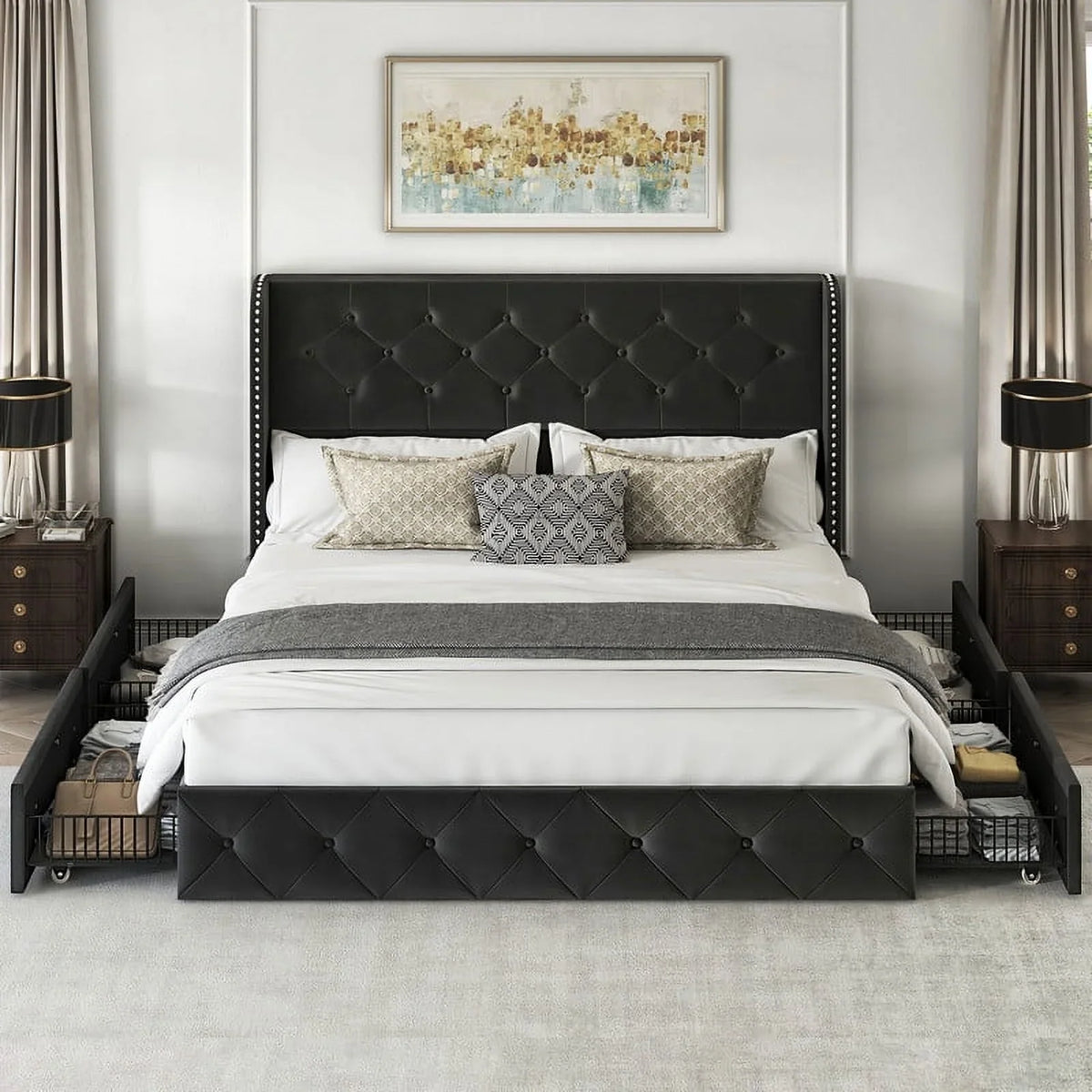 LARMACE Queen Size Platform Bed Frame with 4 Storage Drawers and Tufted Headboard Linen Upholstered Bed Wingback Bed Frame with Wooden Slats Support, Easy Assembly, Light Grey