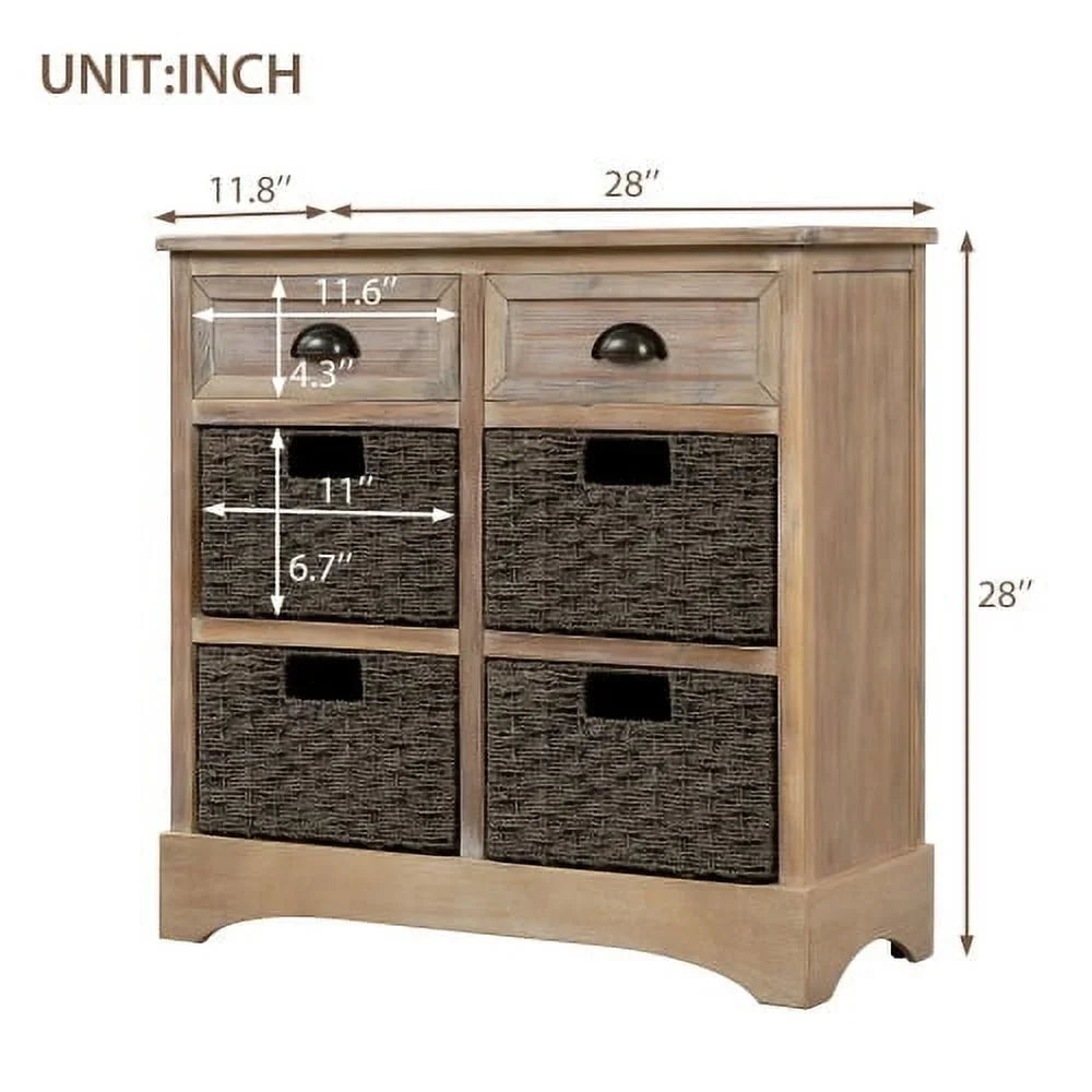 Rustic Storage Cabinet, Wood Accent Cabinet with 2 Drawers and 4 Rattan Baskets,Entryway Console Table Sofa Table for Living Room,Dining Room,White Washed