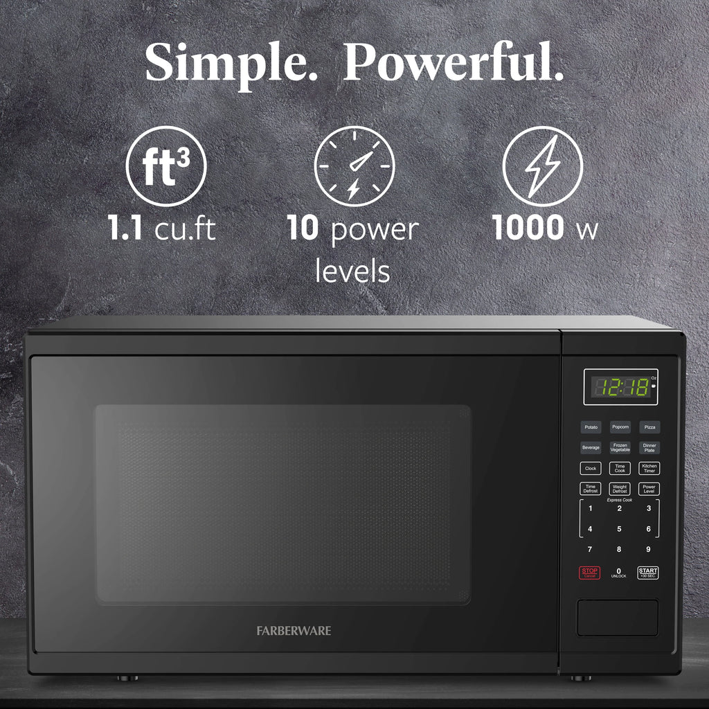 Farberware Countertop Microwave Ov 1100 Watts, 2.2 cu ft - Smart Sensor With LED Lighting and Child Lock - Perfect for Apartments and Dorms - Easy Clean Black Interior, Stainless Steel