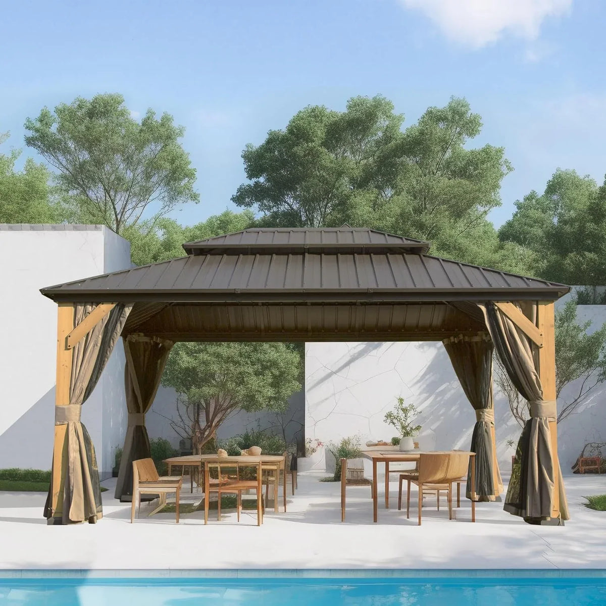 Domi 12x20 ft Wood Gazebo, Cedar Wood Frame Hardtop Gazebo with Galvanized Steel Double Roof, Outdoor Gazebo with Netting and Curtains, Patio Gazebo Pergola Pavilion for Patio, Backyard, Deck, Lawns