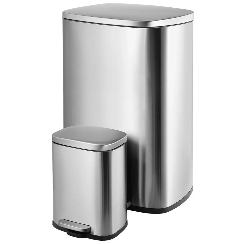 LAZY BUDDY 13.2 Gallon Stainless Steel Kitchen Trash Can with 1.3 Gallon Mini Trash Can, Rectangular Step Garbage Can with Lid