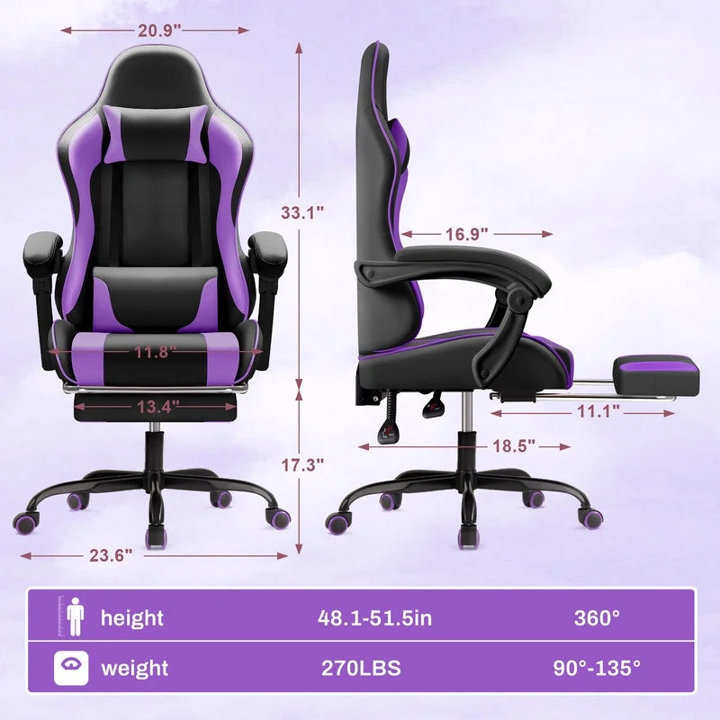 Lacoo PU Leather Gaming Chair Massage Ergonomic Gamer Chair Height Adjustable Computer Chair with Footrest & Lumbar Support, White