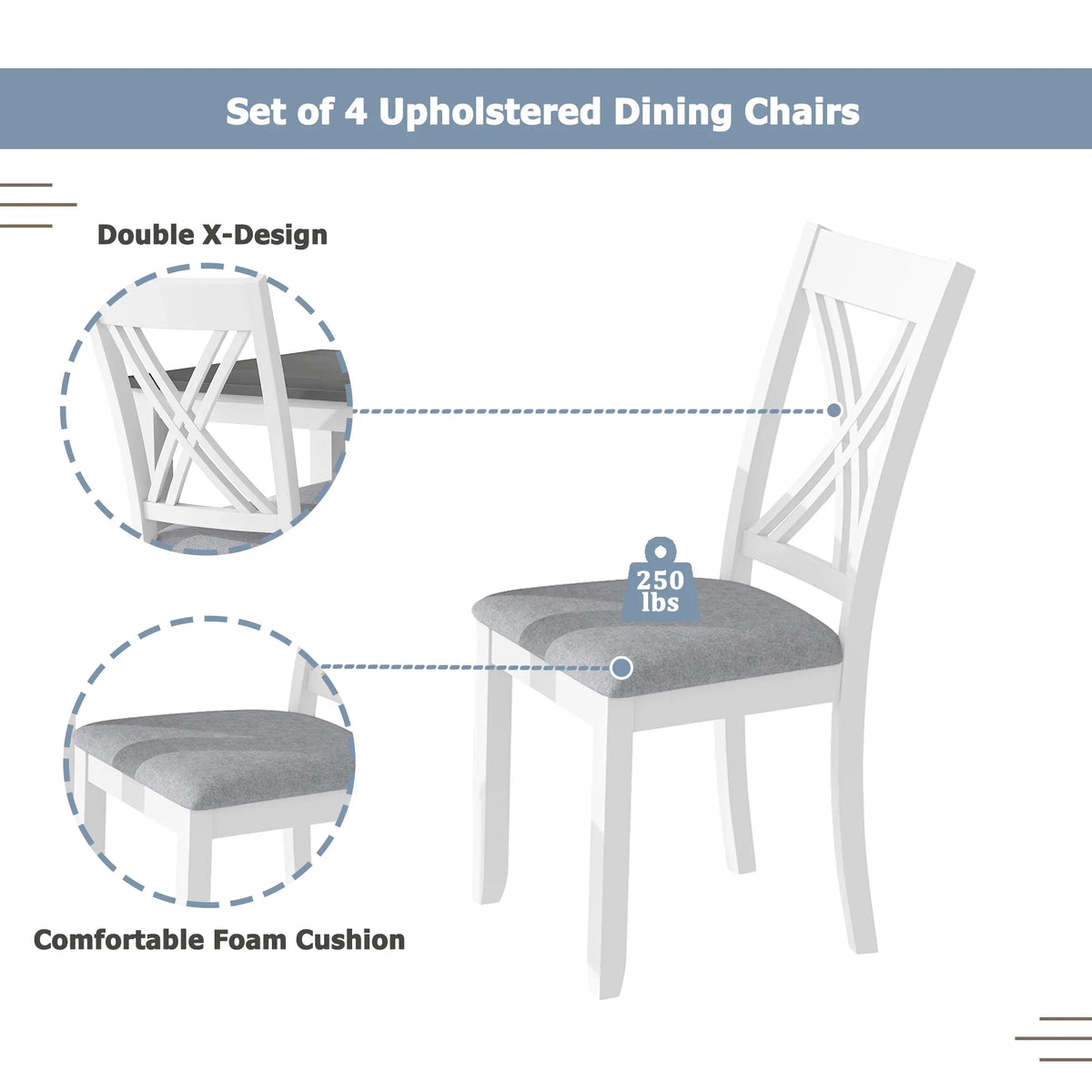 Seizeen Solid Wood Kitchen Table and Chairs, Dining Room Table Set for 4 with Gray Upholstered Chairs, Wood Grain Table Heavy-Duty Frame, Rustic Minimalist Style Breakfast Nook Set
