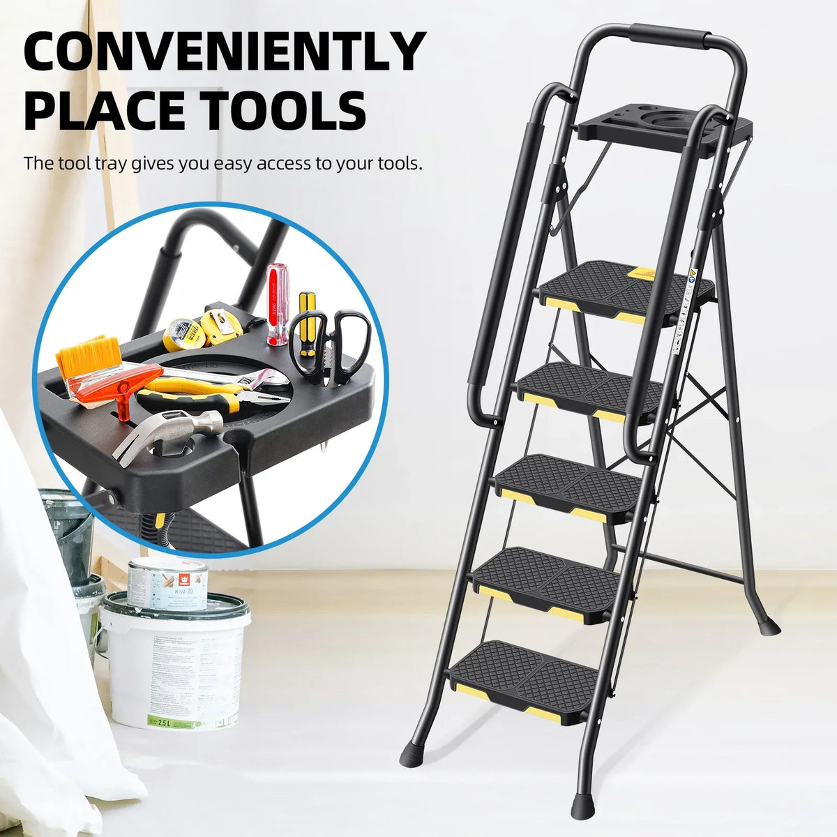 Kingrack 5 Step Folding Ladder for Adults, 800lbs Sturdy Steel Stool Ladder with Anti-Slip Pedal&Handrail&Tool Tray for Home Kitchen Office