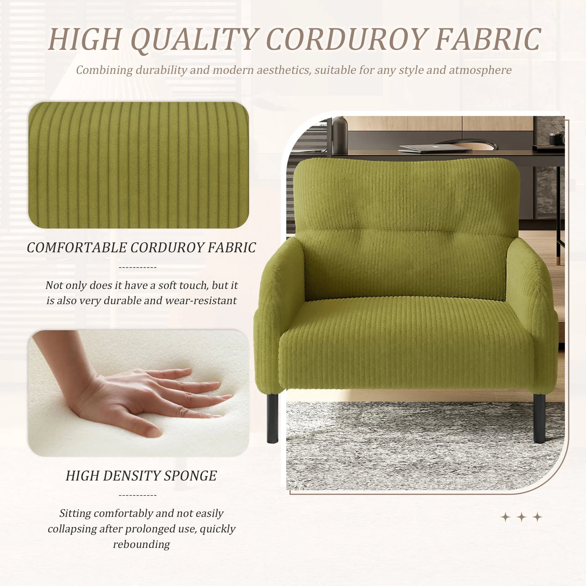 Modern Accent Chair,Armchair,Corduroy Fabric Sofa Chairs,Upholstered Armchair for Living Room,Bedroom,Office,Olive Green