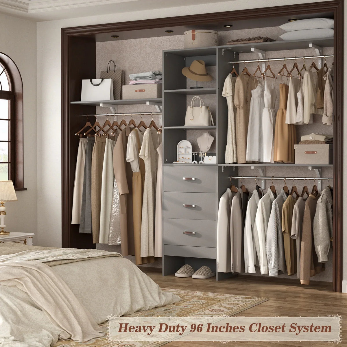 Homieasy 96 Inches Closet System, 8FT Walk In Closet Organizer with 3 Shelving Towers, Heavy Duty Clothes Rack with 3 Drawers, Built-In Garment Rack, 96" L x 16" W x 75" H, White
