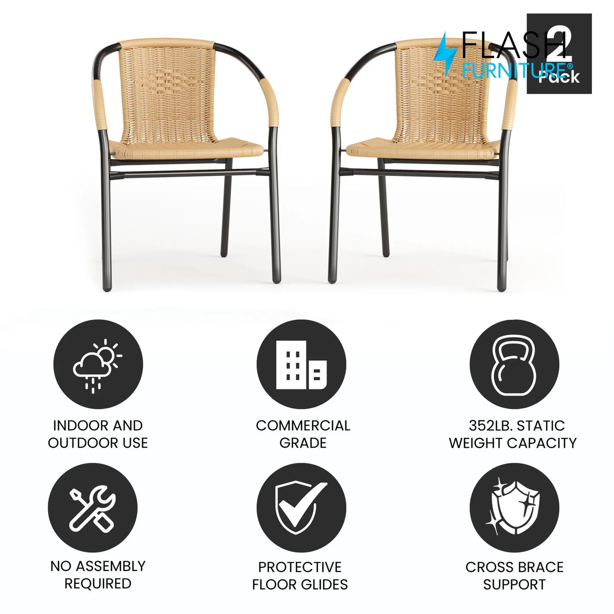 Flash Furniture Lila Indoor/Outdoor Stacking Rattan Patio Chairs, Set of 2, Beige