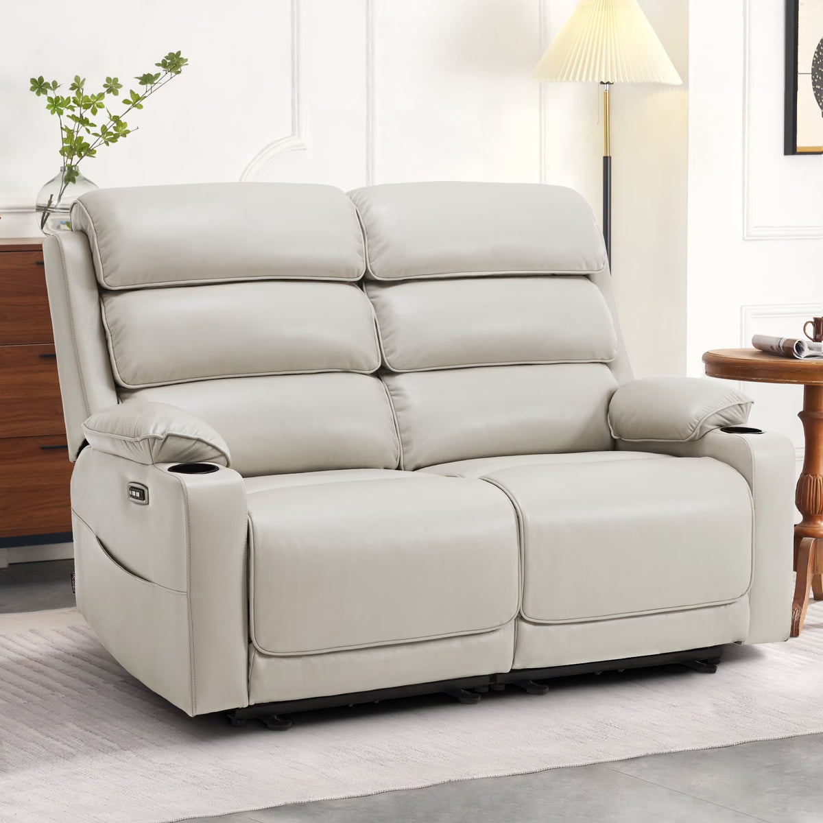 MCombo 63.4" Power Loveseat Recliner Sofa with Adjustable Headrest, Heat and Massage for Living Room, Faux Leather(Light Grey)