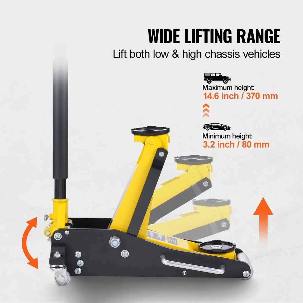 KFFKFF Low Profile Floor Jack, 2 Ton Capacity, Dual Piston Fast Pump, Hydraulic Auto Jack, 3.2"-14.6" Lift Range, Robust for Racing & Heavy Duty Use (Yellow)