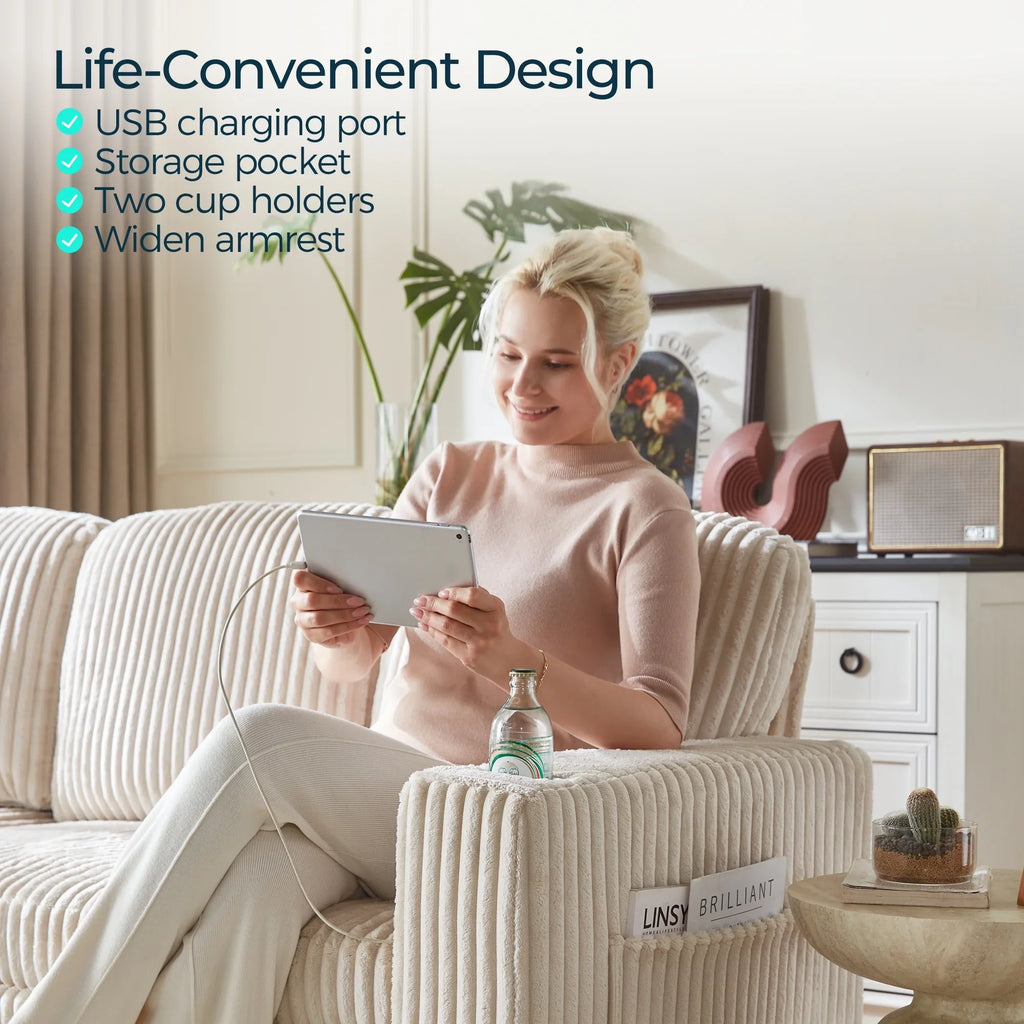 Linsy Home Storage Sectional Sleeper Sofa with Pull Out Bed, 9 Seat Modular Sectional Sofa with with USB & Cup Holder, Plush Corduroy Sectional Couches for Living Room, Green