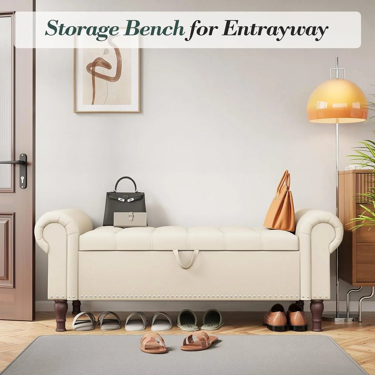 YOUDENOVA Storage Ottoman Bench for Bedroom 51" Queen Leather Storage Bench with Button, Upholstered Bedroom Bench with Rolled Arms for Living Room, Storage Room, Entryway, Gray