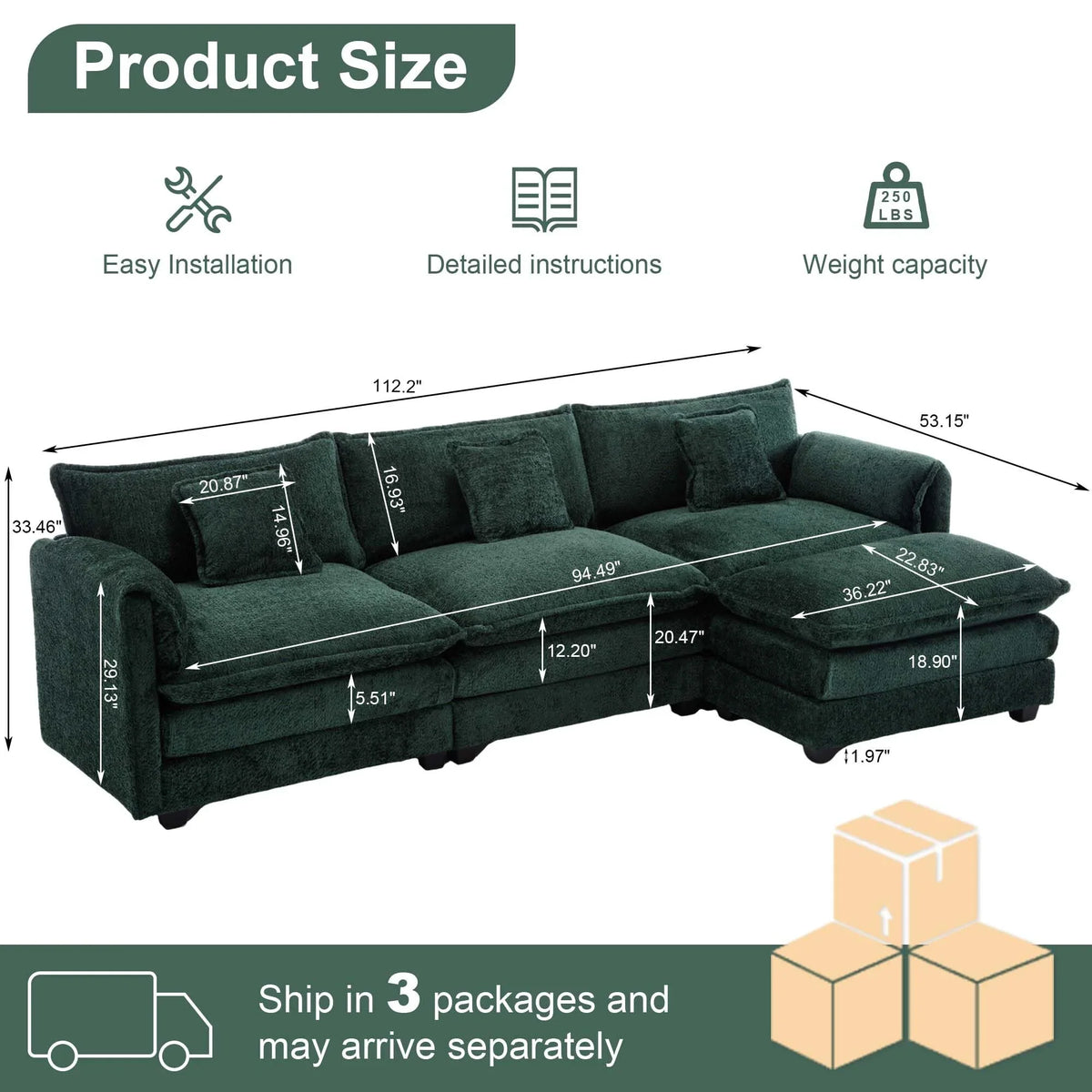 GNIXUU 112" Oversized Sectional Sofa Cloud Couch for Living Room, Modern Chenille L Shaped Couch, Comfy Boucle Modular Sofa Sleeper with Moveable Ottoman & Memory Foam (Green)