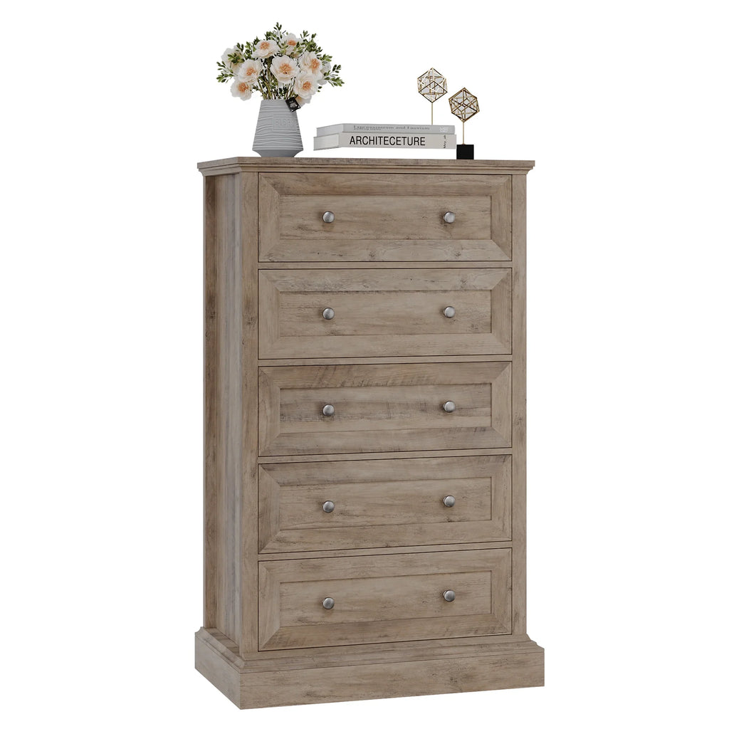 Homfa 5 Drawer Bedroom Dresser, Tall Wood Nightstand Storage Cabinet for Office Living Room,Gray
