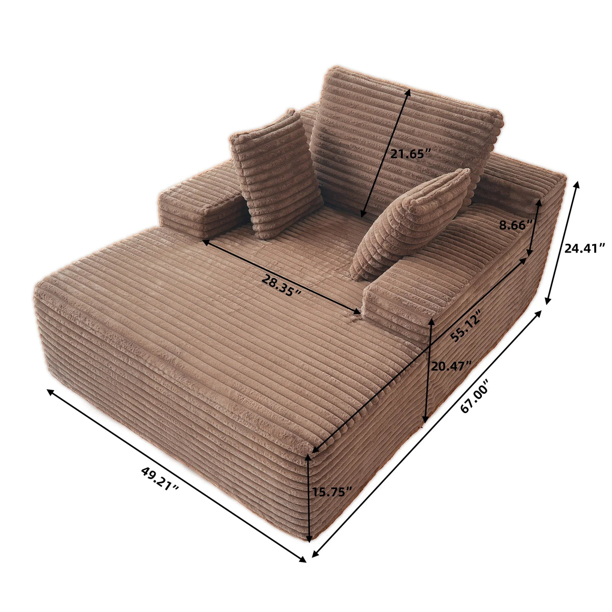Sodrens Oversized Chaise Lounge Chair Indoor,Upholstered Sofa Bed with Throw Pillows and Armrests,Sleeper Chair for Living Room,Bedroom,Brown,Corduroy
