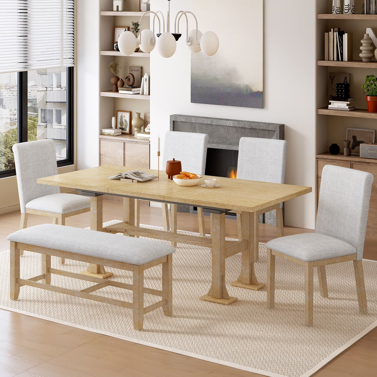 6 Piece Extendable Dining Table Set, Atumon Wood Dining Room Set for 6, Dining Table Set with 4 Cushioned Chairs and Bench, Farmhouse Dining Table Set Furniture for Kitchen Dining Room, Dark Brown