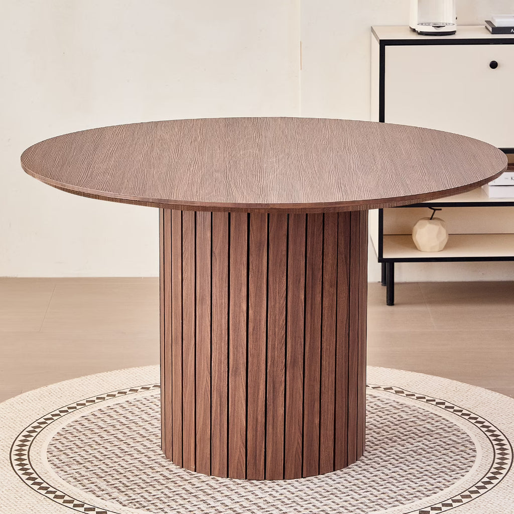 47 inches Modern Round Dining Table, Wood Kitchen Table for 4 with Two-part Tabletop and Wooden Strip Columns Base, Farmhouse Table for Kitchen, Dinning Room, Oak