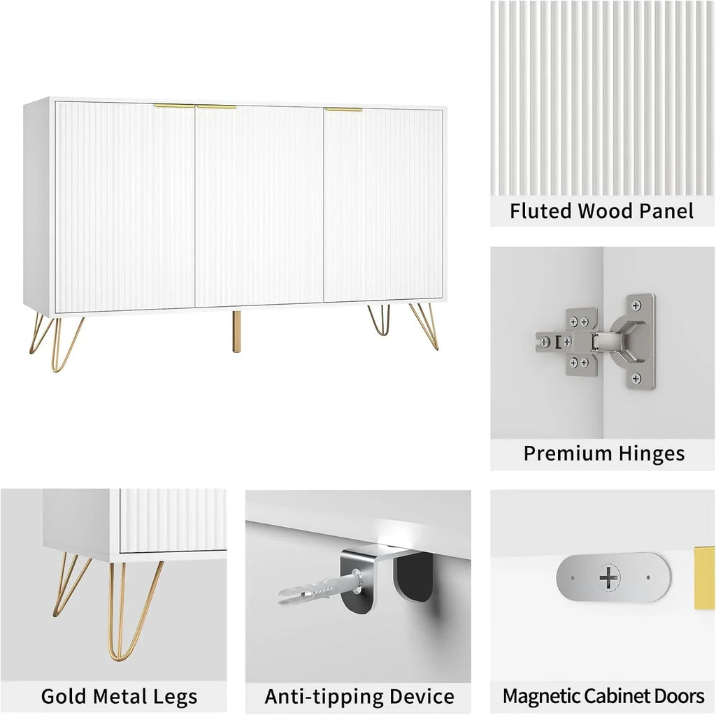 Fluted TV Stand for 100 Inch TV, Modern TV Stand Console, White Entertainment Center with Storage Cabinets, Adjustable Shelves & Gold Handles, Wood Media Cabinet for Living Room