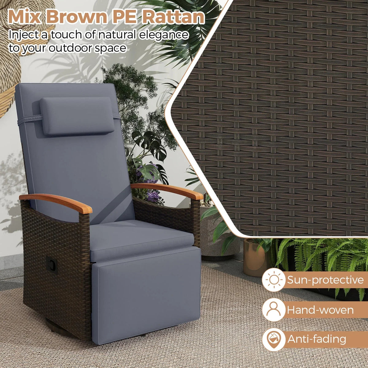 Costway Outdoor 360" Swivel Rattan Recliner Chair Patio Wicker Chaise Lounge Chair Beige