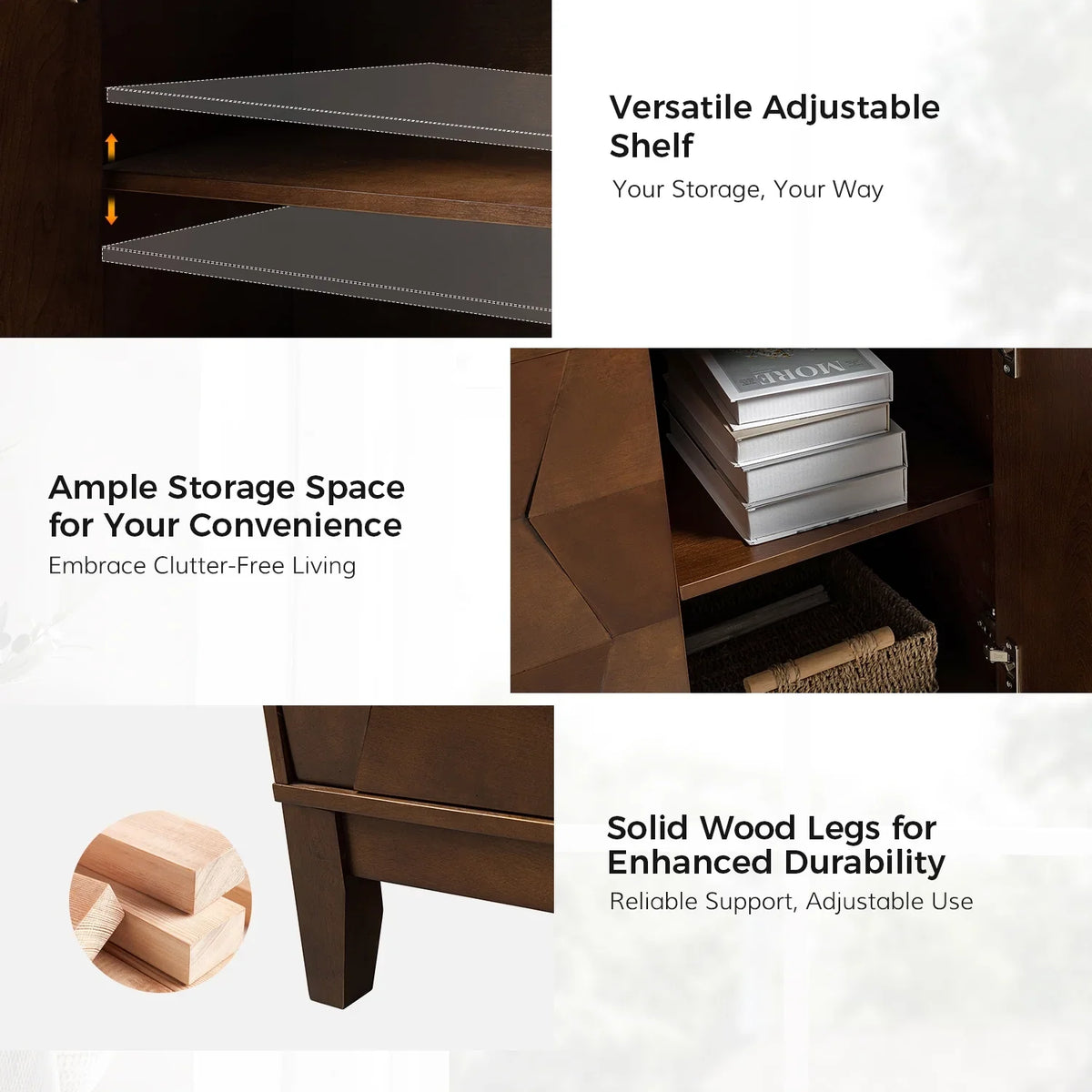 Wooden 45" Sideboard Buffet Cabinet 2 Doors with Adjustable Shelves Living Room Entryway Bedroom Walnut