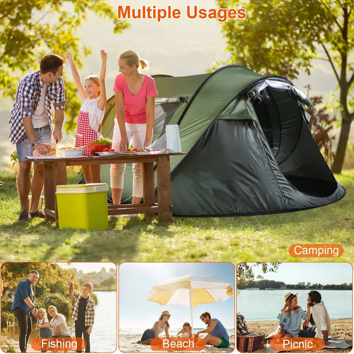 Tcbosik Easy Pop Up Tent for 5-8 Person, Automatic Setup Instant Family Tent with 2 Doors and 4 Mosquito Net Windows, Waterproof Camping Tent with Carry Bag for Hiking & Traveling, Khaki