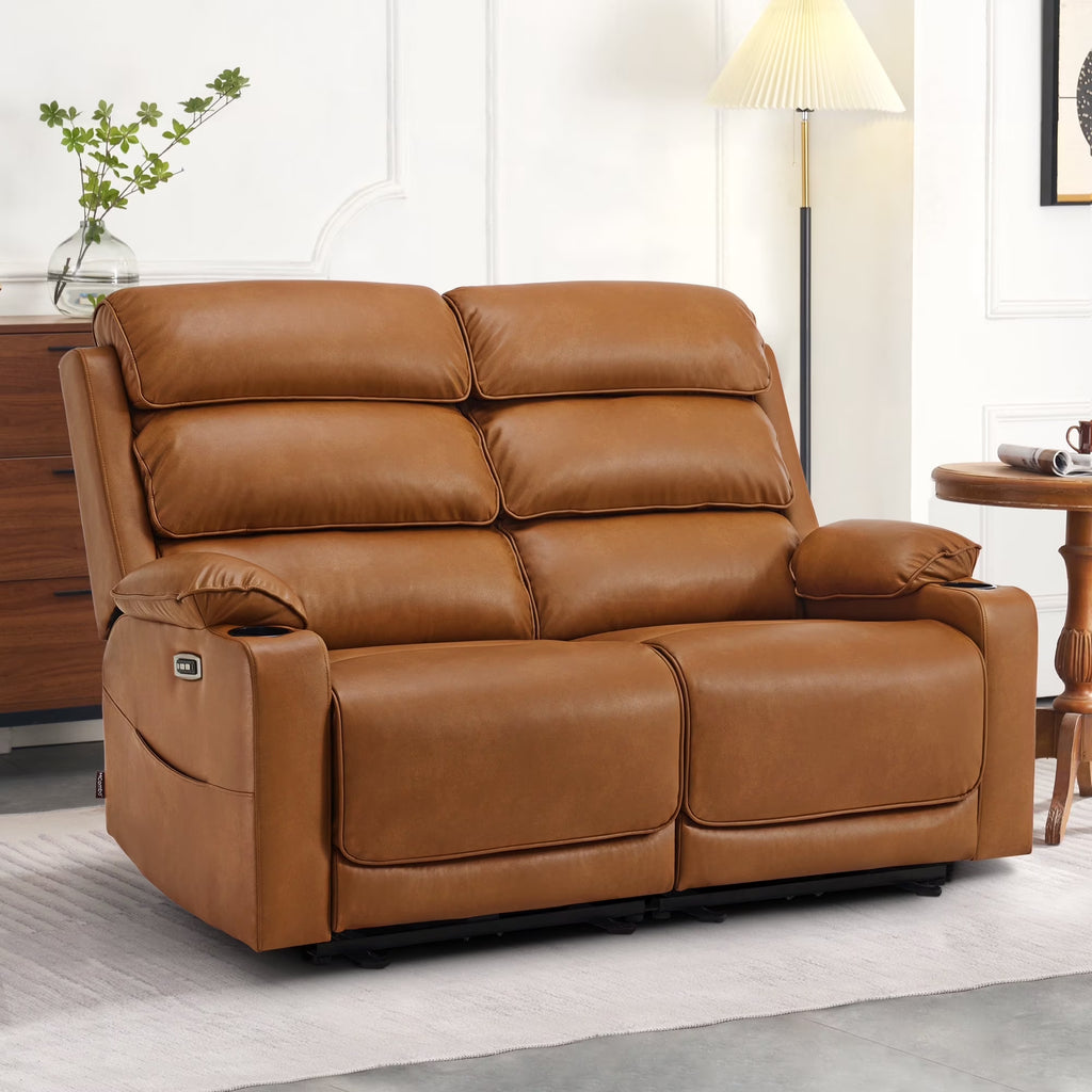 MCombo 63.4" Power Loveseat Recliner Sofa with Adjustable Headrest, Heat and Massage for Living Room, Faux Leather(Light Grey)