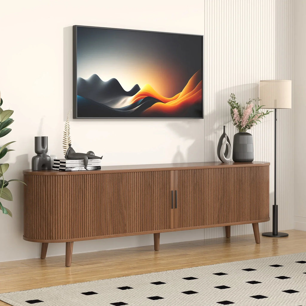 Planntonneo Mid-Century Modern Fluted TV Stand Wooden Media Console Entertainment Center for Living Room, Walnut Color