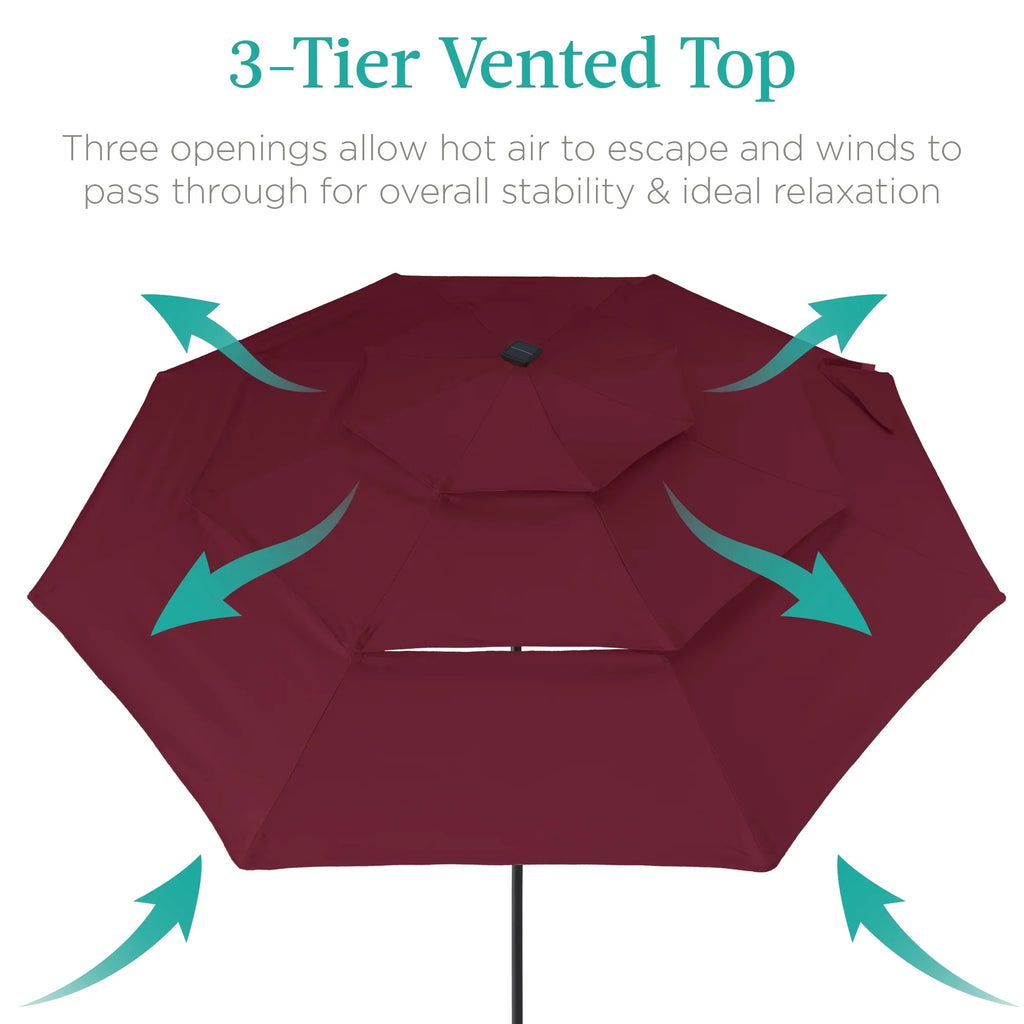 Best Choice Products 10ft 3-Tier Solar Patio Umbrella w/ 24 LED Lights, Tilt Adjustment, Easy Crank - Tan