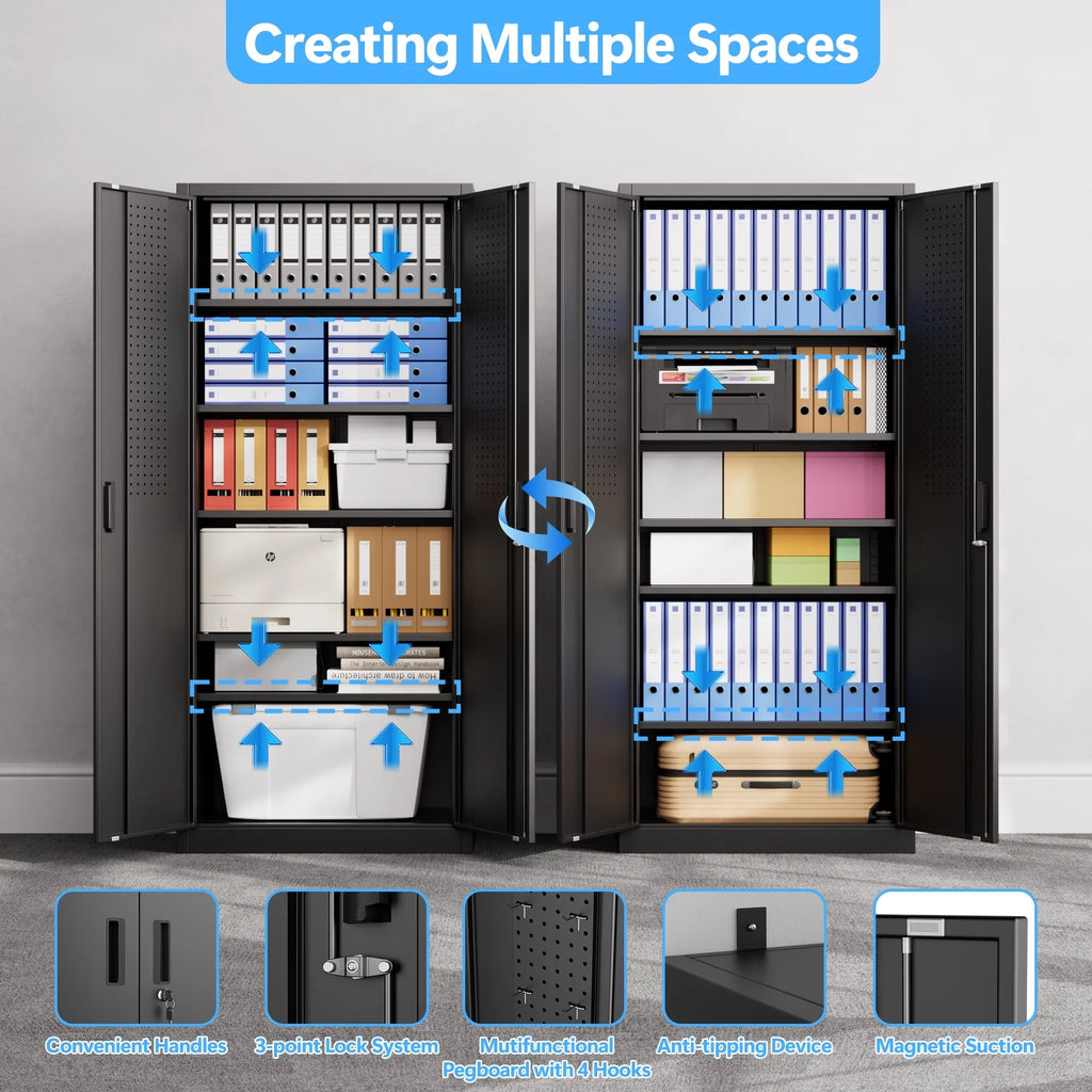 GAEANET 2 Door Metal Storage Cabinet with 5 Adjustable Shelves &Pegboard, 71" H"32" W"16" D Locking Steel Garage Cabinet, for Garage,Office,Home,Gym,School, File Cabinet,Assembly Required, Black