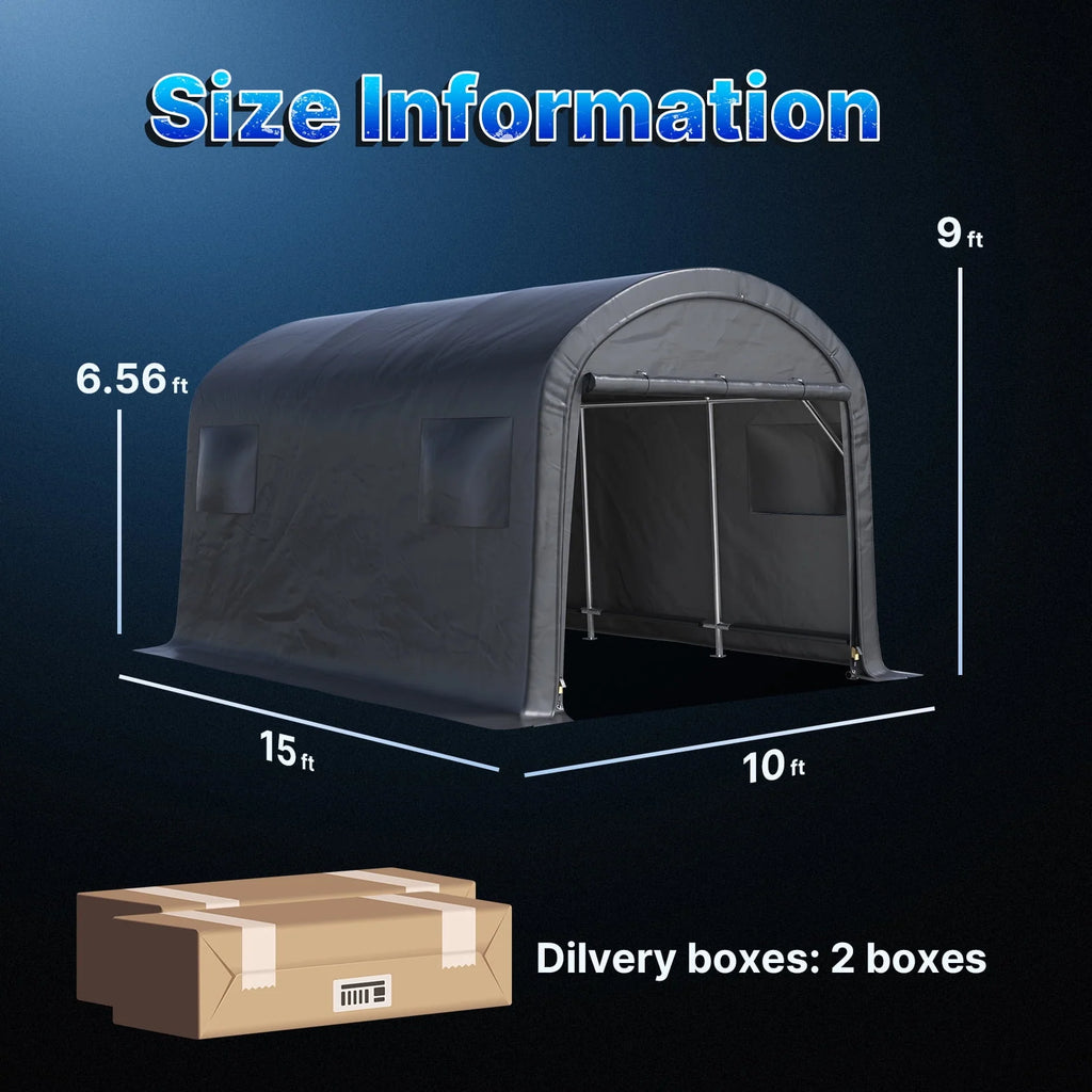 ADVANCE OUTDOOR 10x15 ft Shelter Storage Shed Steel Metal Round Roof Anti-Snow Portable Garage Carport for Motorcycle, Boat, or Garden Tools with 2 Roll up Doors & Vents, Gray