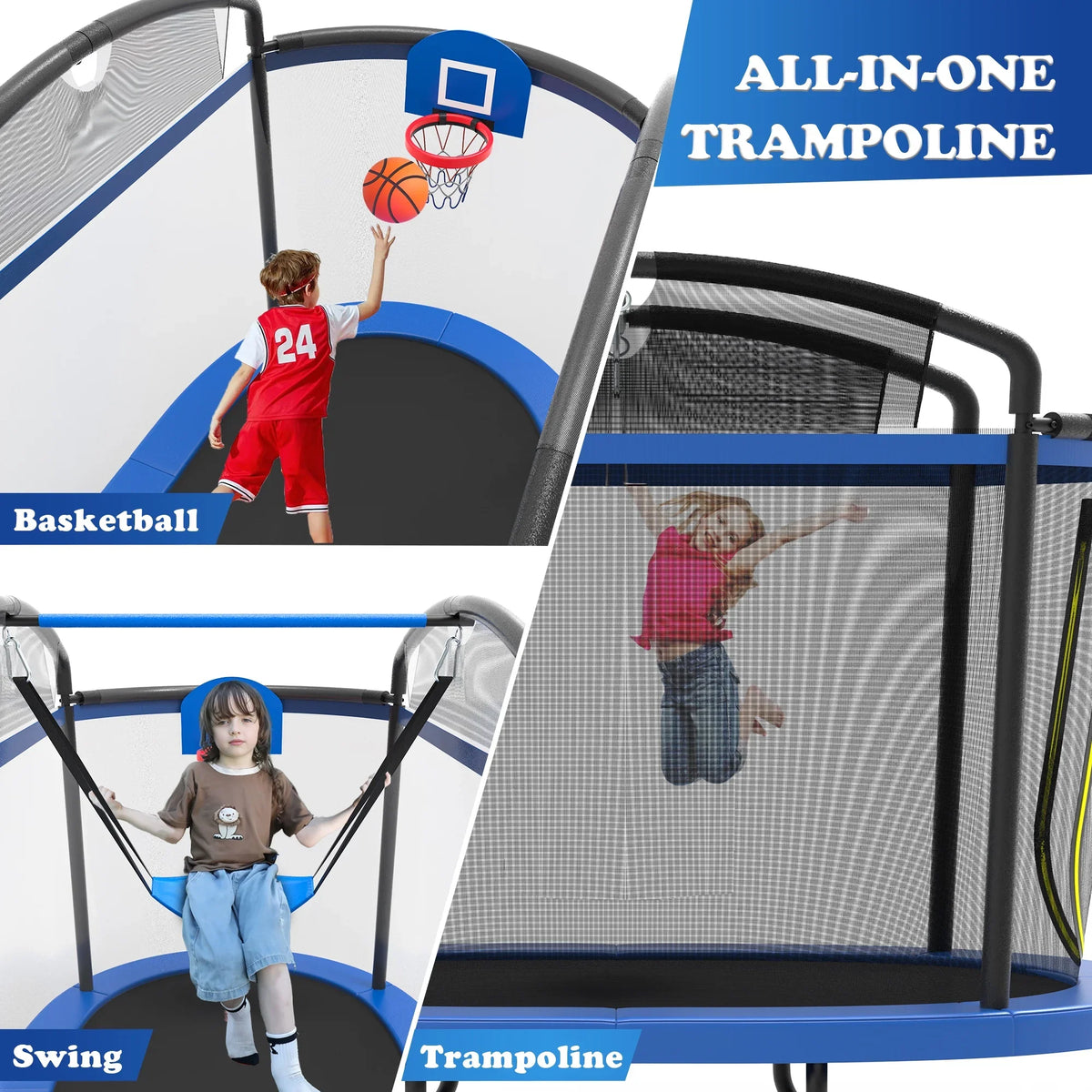 Seizeen 6FT Trampoline for Kids, 3-IN-1 Rectangular Outdoor/Indoor Trampoline with Enclosure, Basketball Hoop, Swing