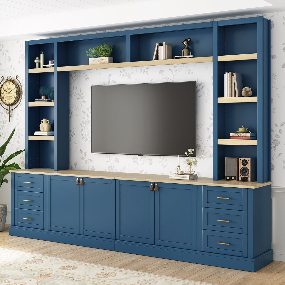 Euroco 102.3"W Farmhouse 4-Piece Entertainment Center Wall Unit with Adjustable Shelf, Modern Large TV Stand with Bookshelves