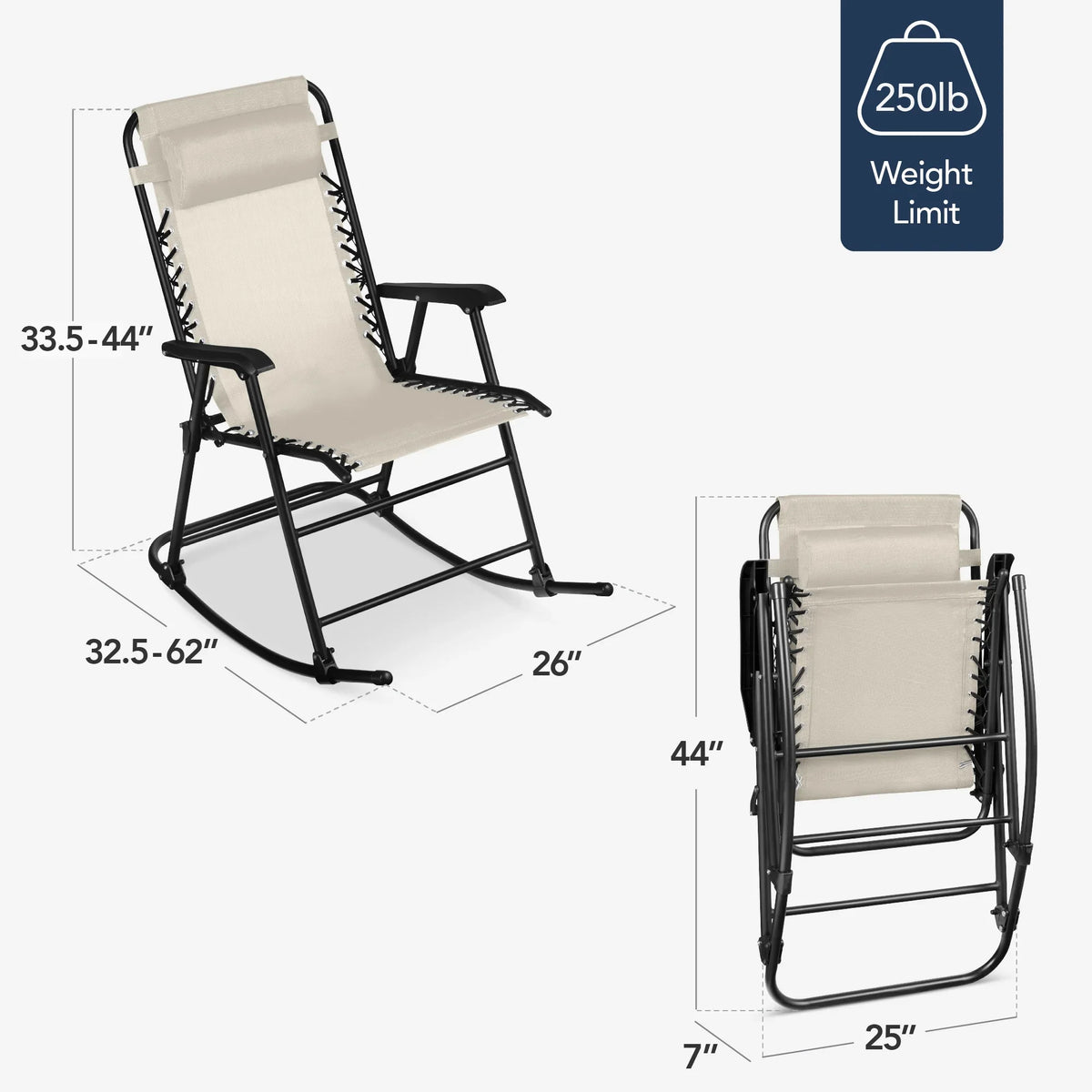 Best Choice Products Folding Outdoor Zero Gravity Rocking Lounge Chair w/ Headrest Pillow - Black
