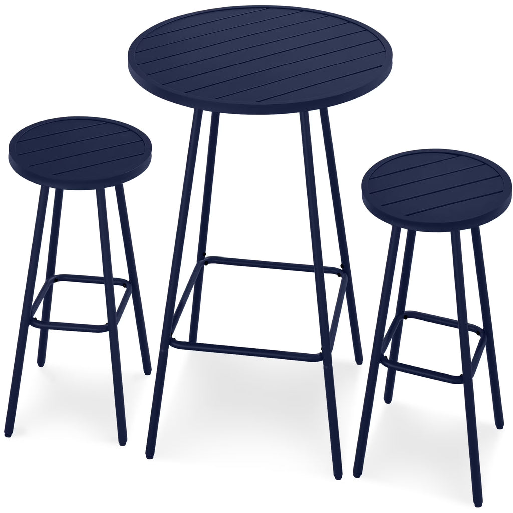Best Choice Products 3-Piece Steel Patio Bar Height Round Bistro Set w/ Backless Stools, Slatted Design - Black