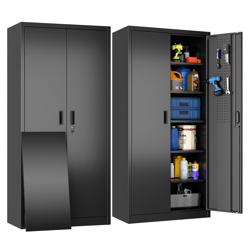 GAEANET 2 Door Metal Storage Cabinet with 5 Adjustable Shelves &Pegboard, 71" H"32" W"16" D Locking Steel Garage Cabinet, for Garage,Office,Home,Gym,School, File Cabinet,Assembly Required, Black