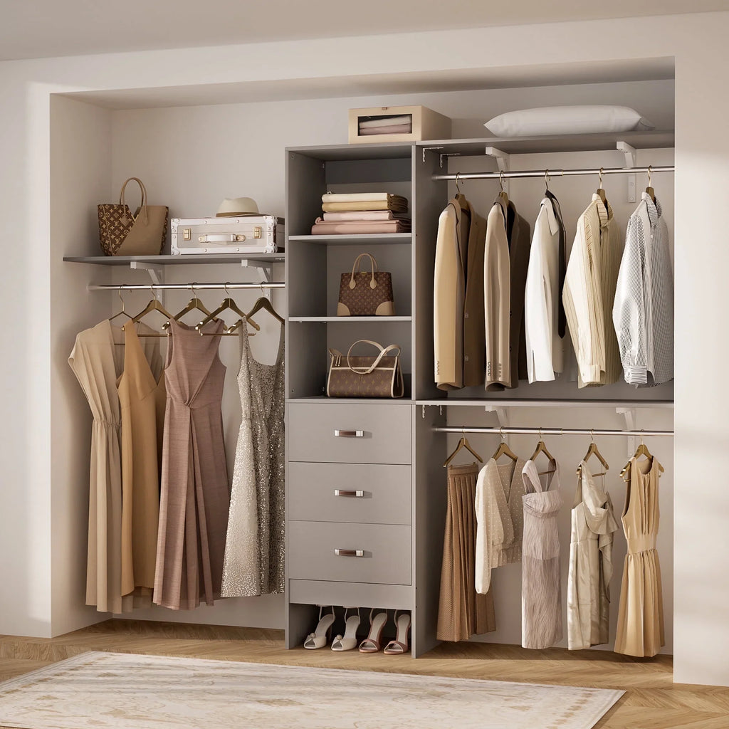 Homieasy 96 Inches Closet System, 8FT Walk In Closet Organizer with 3 Shelving Towers, Heavy Duty Clothes Rack with 3 Drawers, Built-In Garment Rack, 96" L x 16" W x 75" H, White