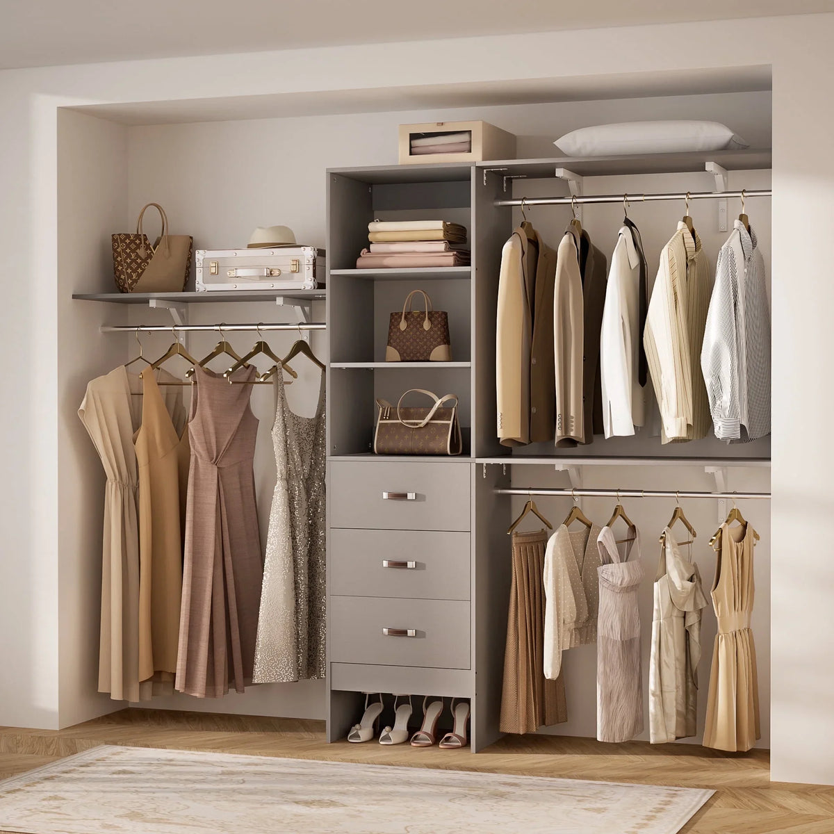 Homieasy 96 Inches Closet System, 8FT Walk In Closet Organizer with 3 Shelving Towers, Heavy Duty Clothes Rack with 3 Drawers, Built-In Garment Rack, 96" L x 16" W x 75" H, White