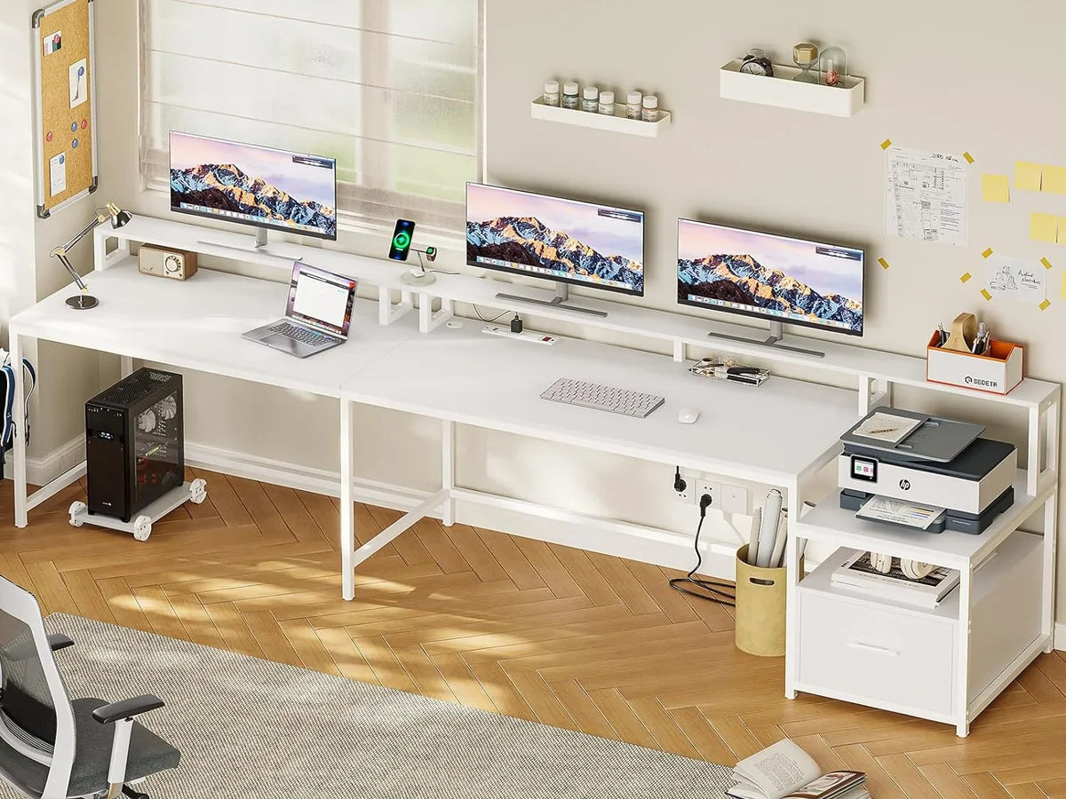 L Shaped Desk with Power Outlet and LED Lights, Corner Computer Desk with File Drawer for Home Office, Gaming Desk, Rustic Brown