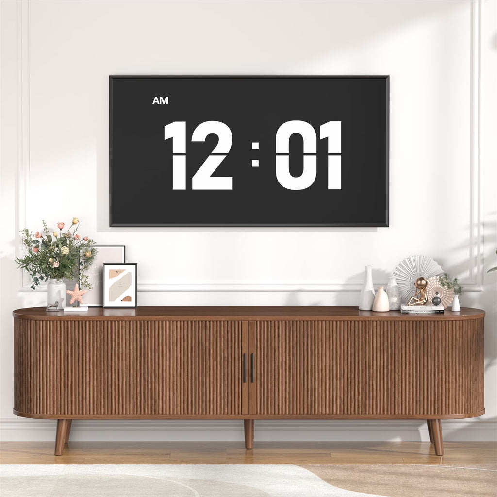 Planntonneo Mid-Century Modern Fluted TV Stand Wooden Media Console Entertainment Center for Living Room, Walnut Color