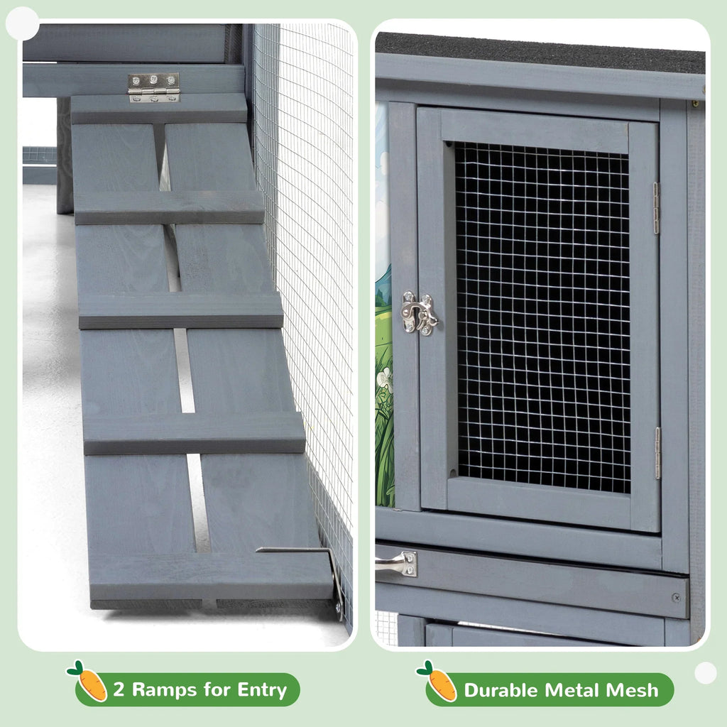 COZIWOW 94'' Wooden Large Rabbit Hutch with Pull Guinea Pig House Chincken Coop Gray