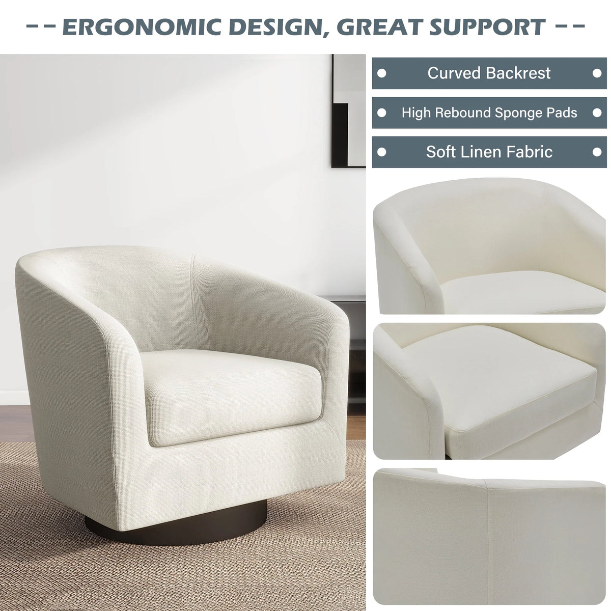 UIXE Swivel Accent Chair, Upholstered Fabric Barrel Chair for Living Room, Small Single Sofa Bedroom Reading Seat, Light Gray