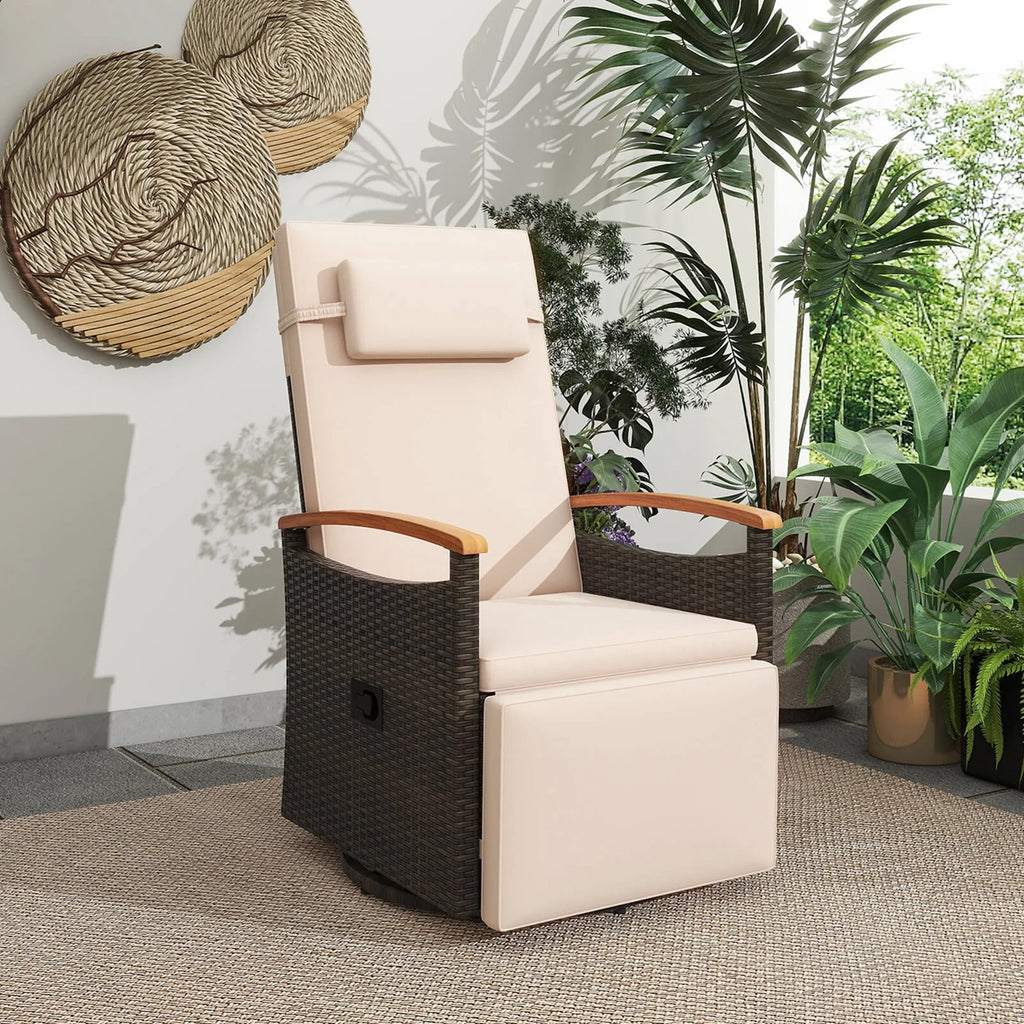 Costway Outdoor 360" Swivel Rattan Recliner Chair Patio Wicker Chaise Lounge Chair Beige