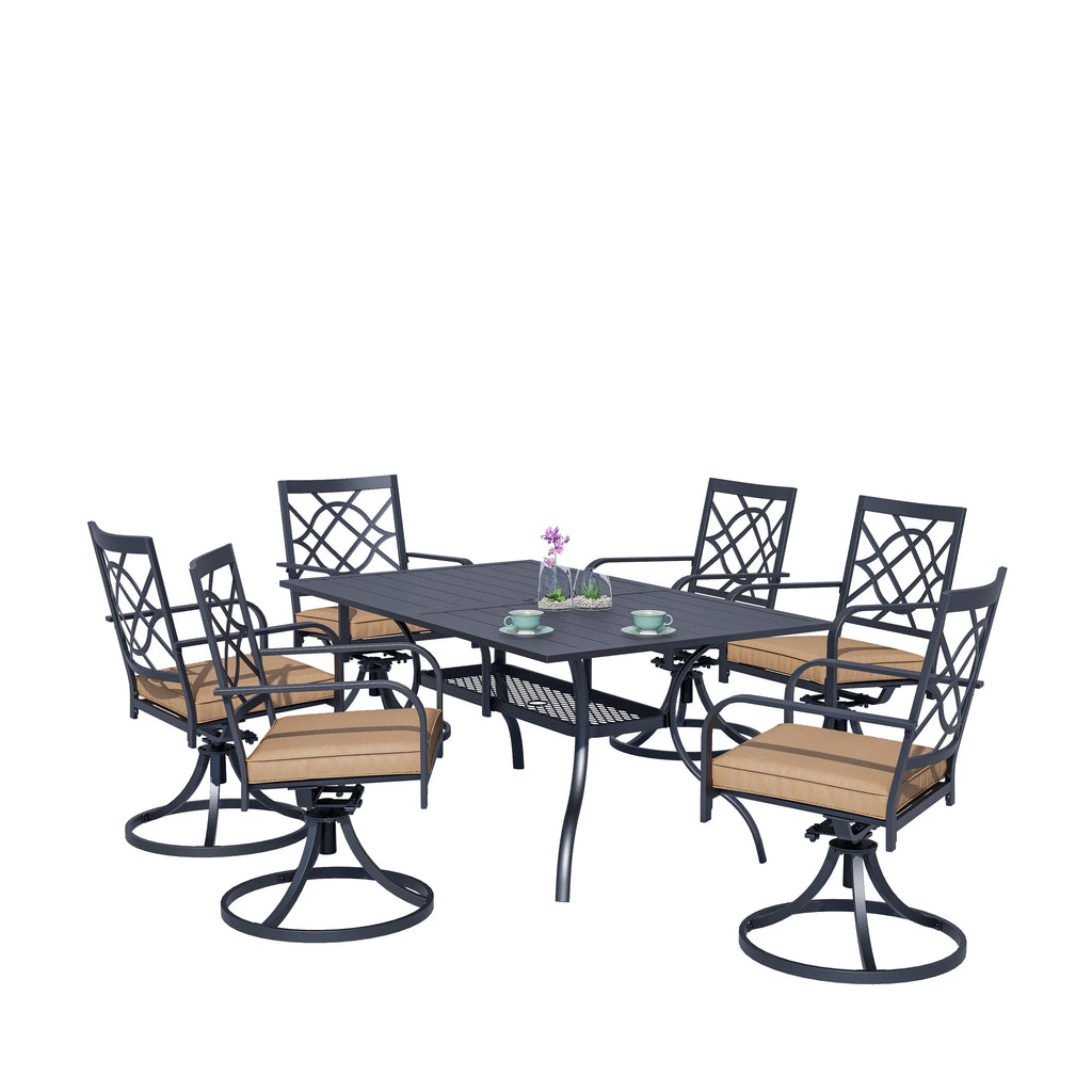 SUNCROWN 5-Piece Outdoor Wrought Iron Chairs and Table Patio Dining Furniture Set - 4 Stackable Metal Chairs, 1 Steel Slat Bistro Table and 1 Sky Blue 9Ft Patio Umbrella for Garden Backyard Deck
