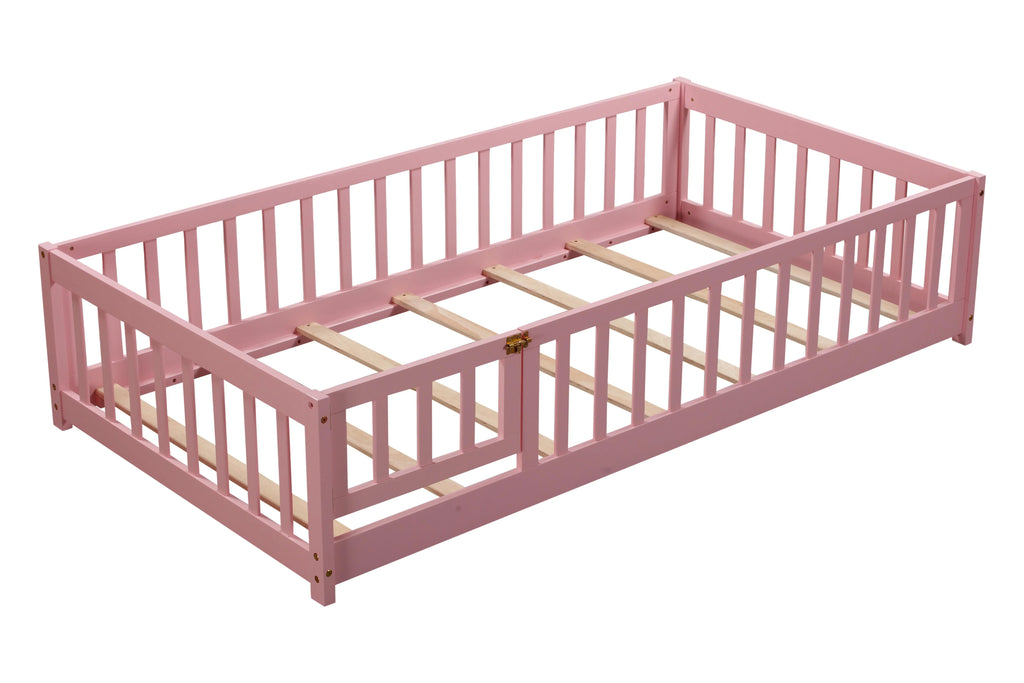 Bellemave Twin Size Floor Beds, Wood Montessori Bed with Fence Railings & Support Slats, No Box Spring Needed (Gray"