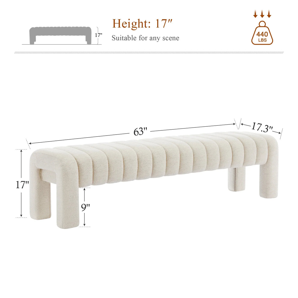 Zesthouse 63" End of Bed Bench, Linen Tufted Upholstered Ottoman Bench with Padded Seat and Solid Wood Leg, Modern Entryway Bench for Bedroom, Living Room, Beige