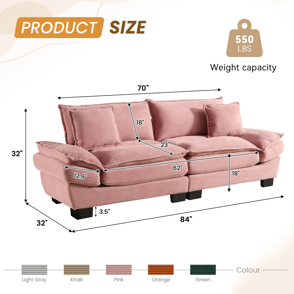Dinosisco 84"L Deep Seat Sofa, Corduroy Upholstered Sleeper Couch for Living Room, Pink